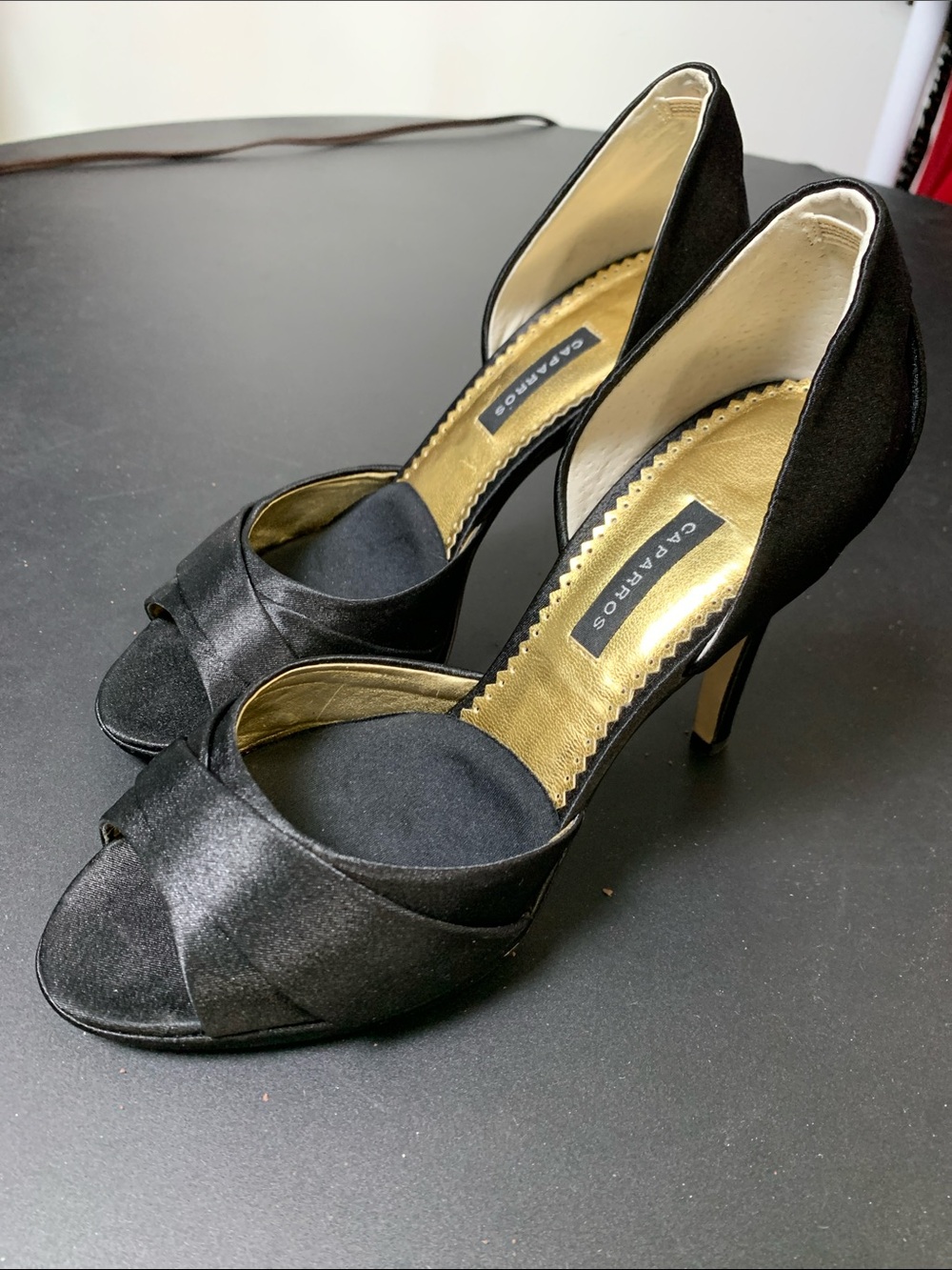 Caparros Black Satin Open-Toe Stiletto Heels